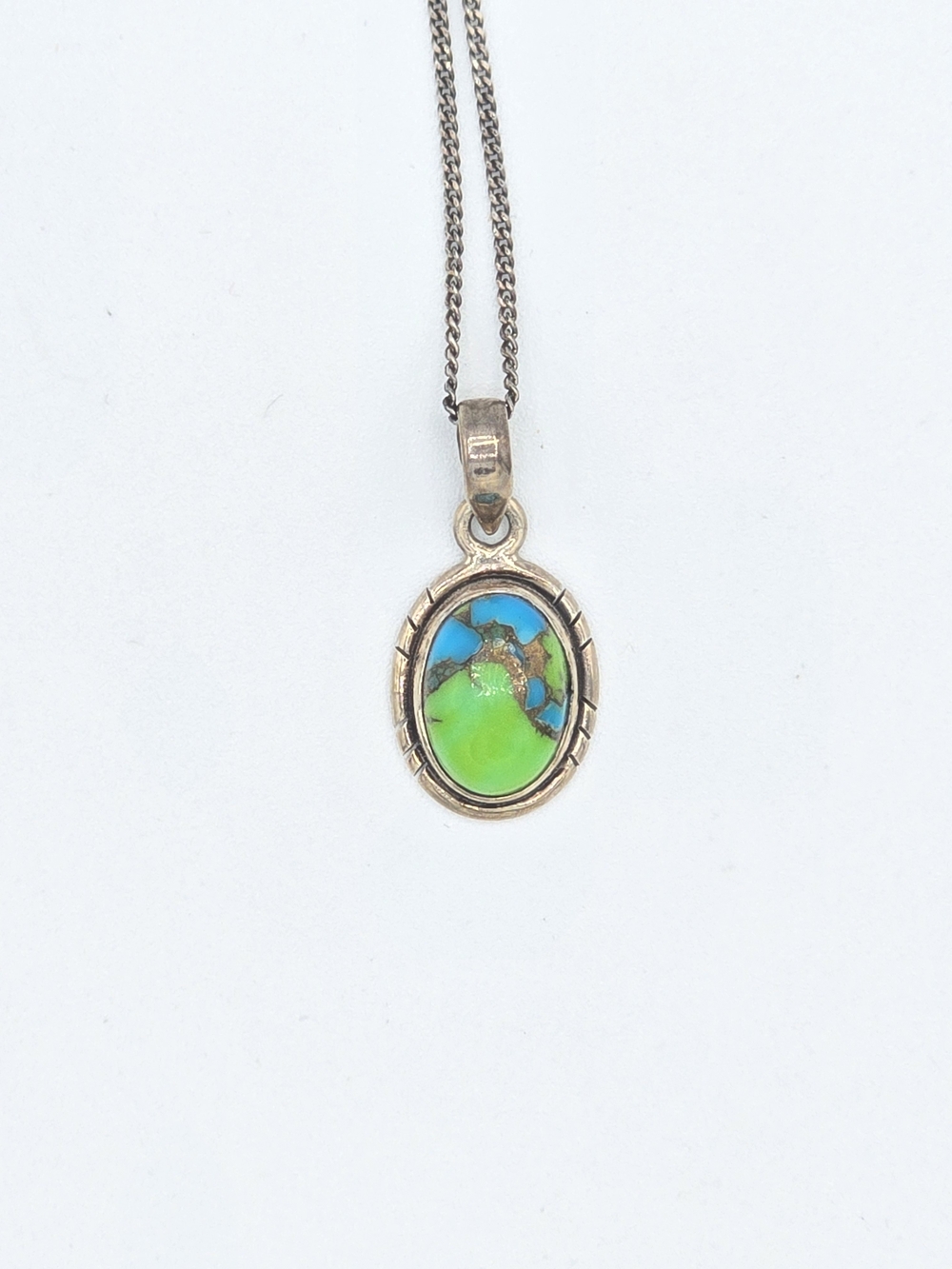 Sterling Silver 925 Green Blue Copper Turquoise Oval Pendant Necklace